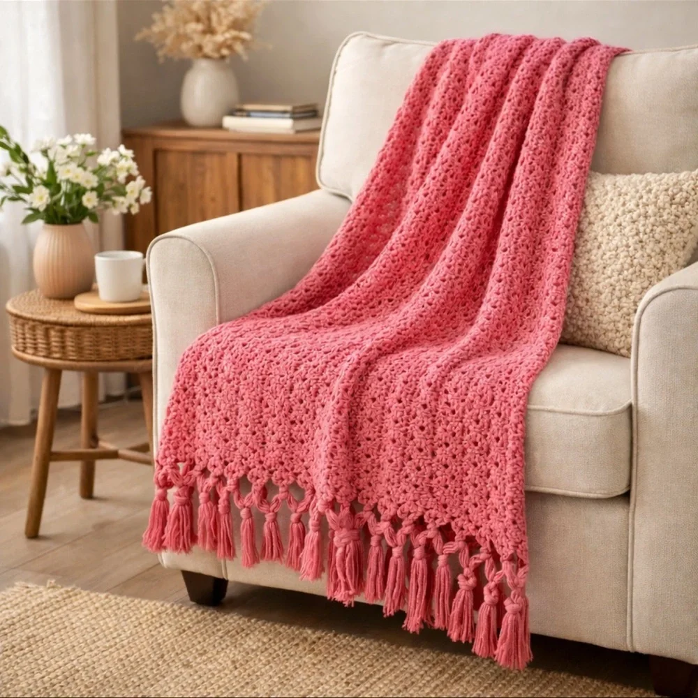 📌Handmade Crochet Pink Throw Blanket Boho Fringe Afghan 65x45 Home Decor